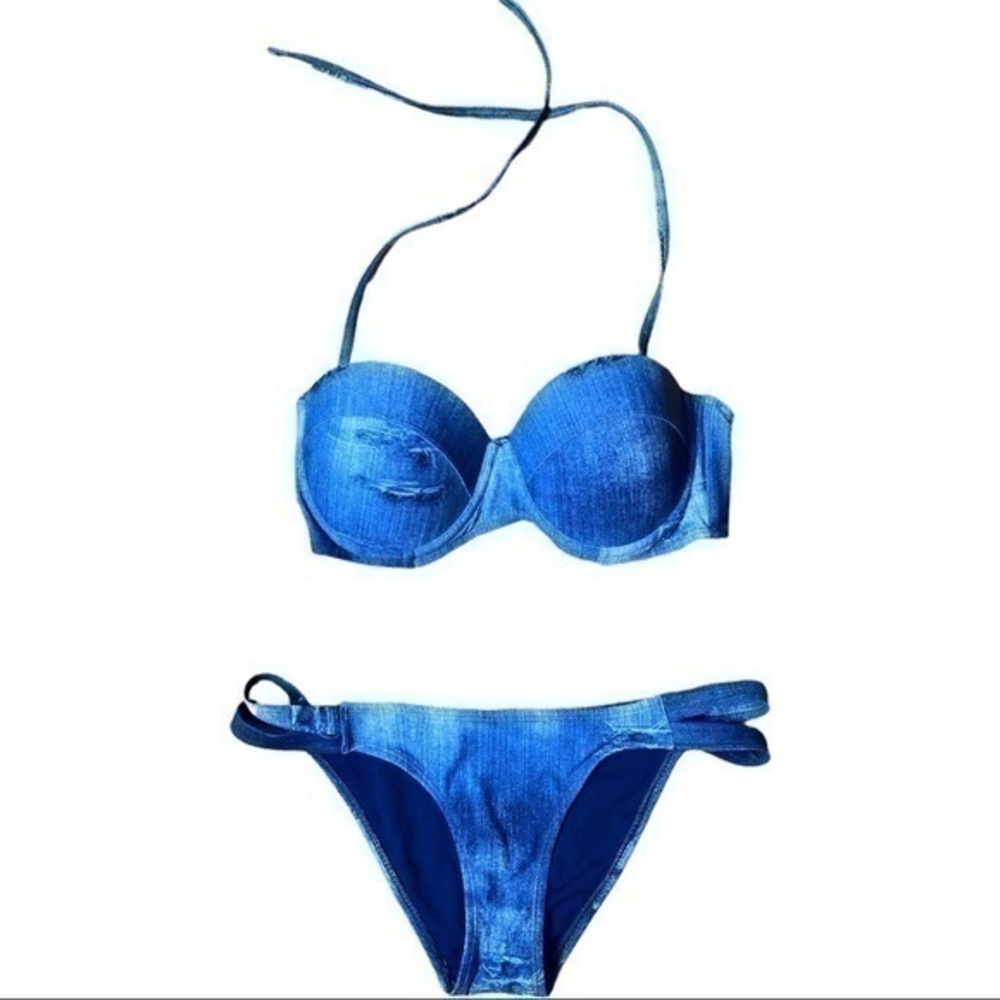 TiniBikini size medium bikini top & bottom, push-up blue jean look, ties